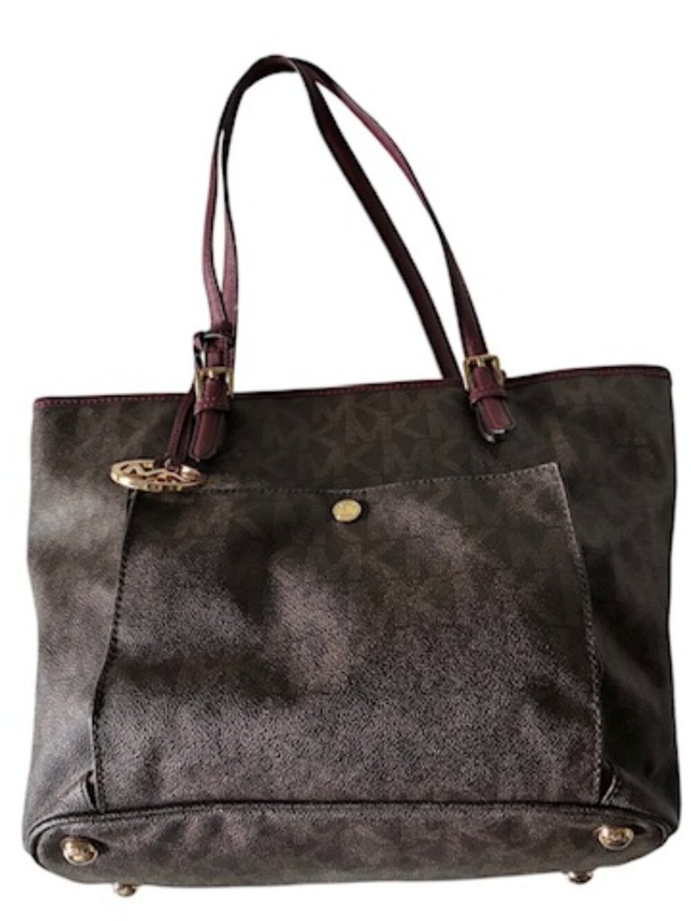 Michael Kors Signature Purse-Brown/Beige- MK charm-Double Leather Straps